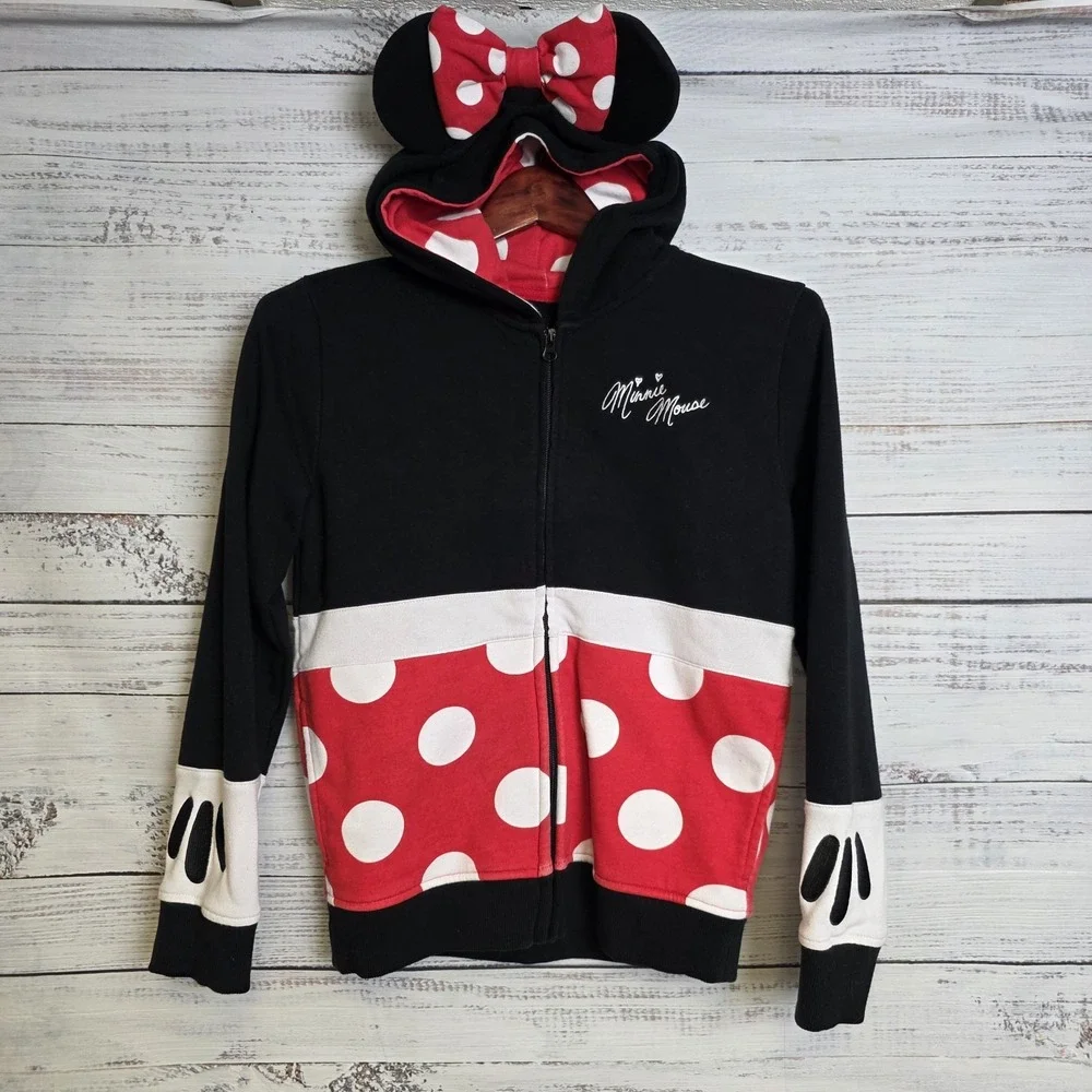Minnie Mouse Zip Up Ears & Bow‎ Hoodie Official Disney Polka Dots Kids Large